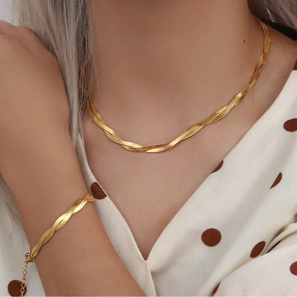 18k Gold Filled Twisted Herringbone Necklace & Bracelet Set for women